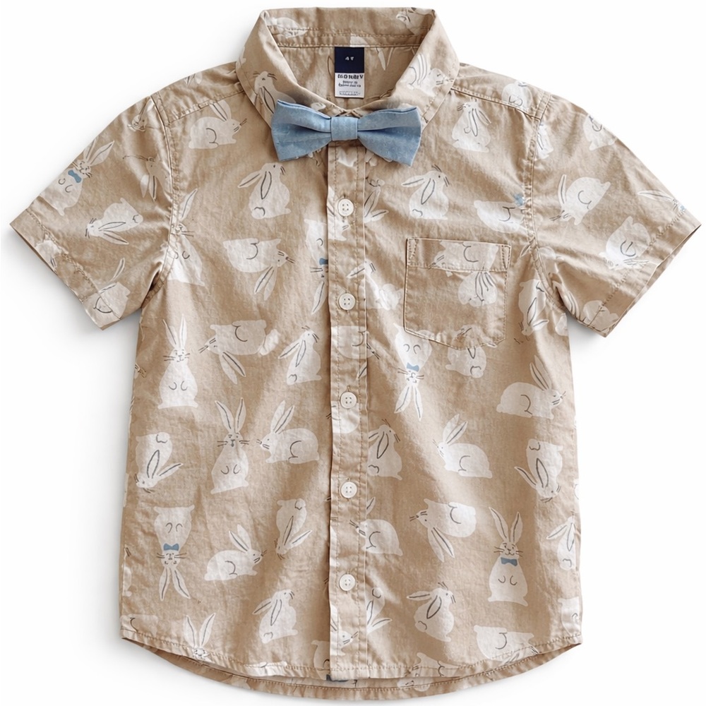 Toddler Boys Spring Shirt 4T | Bunny Button Up w/ Detachable Bow tie